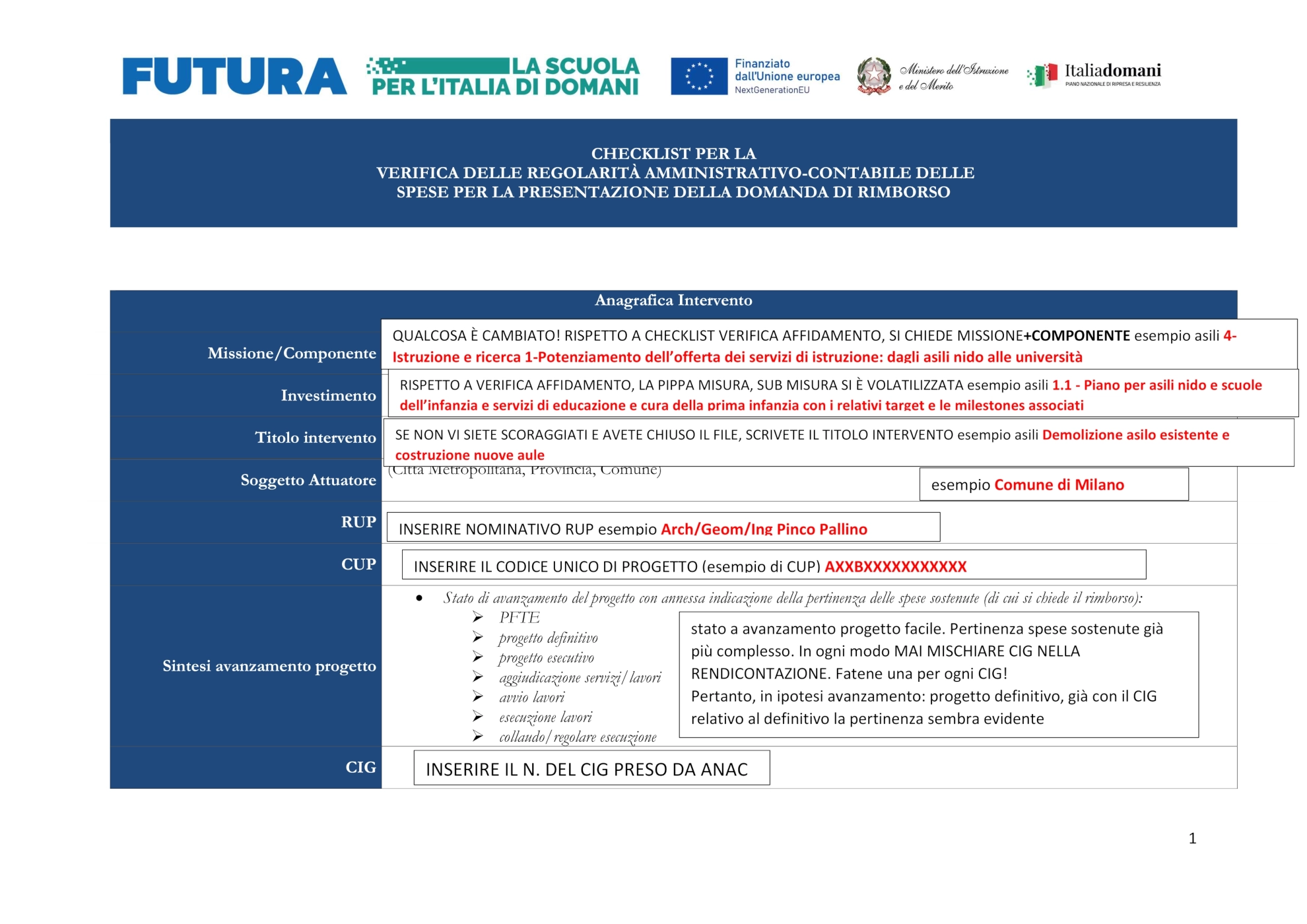 checklist ammissibilità spesa esempio