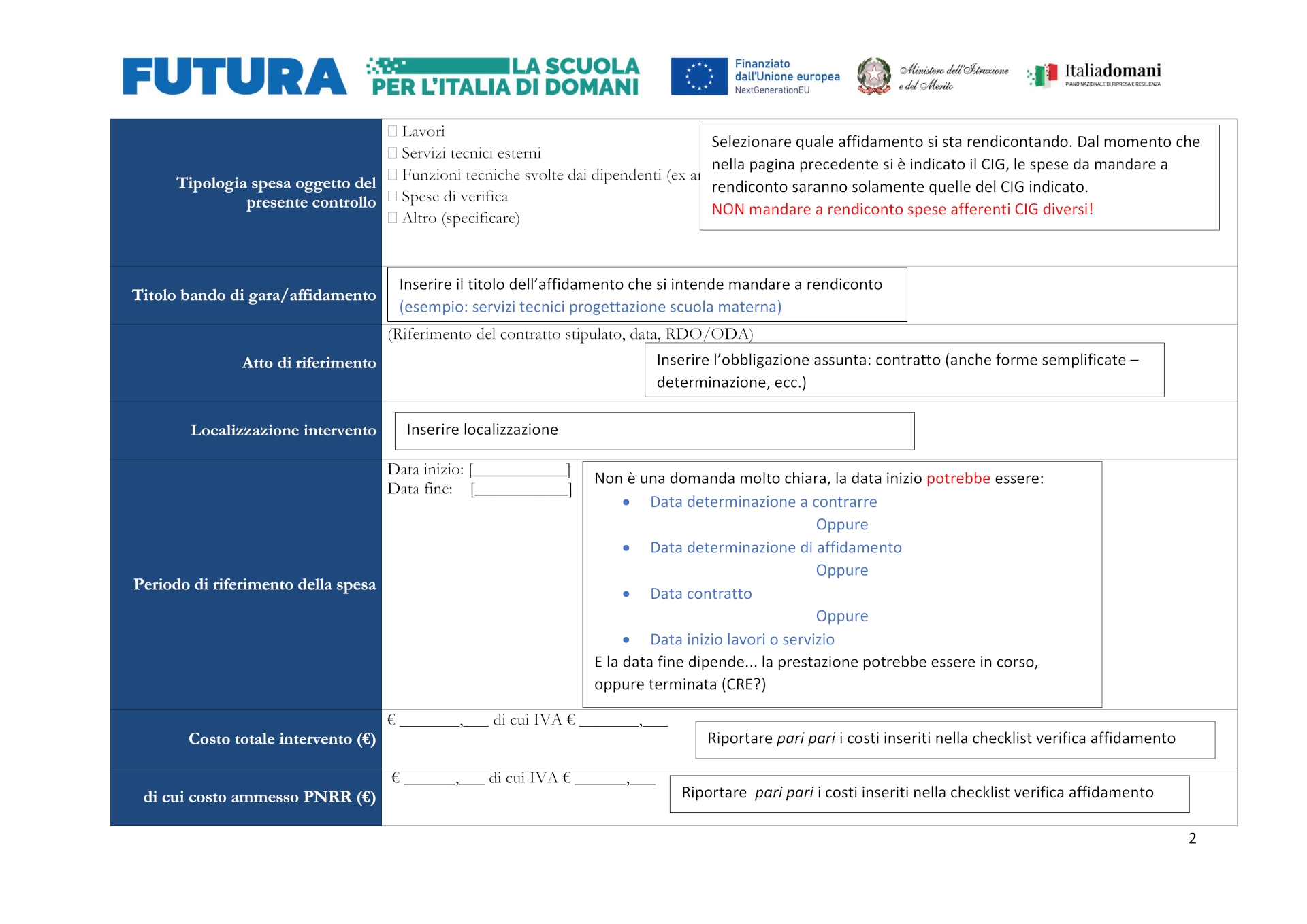 checklist ammissibilità spesa esempio
