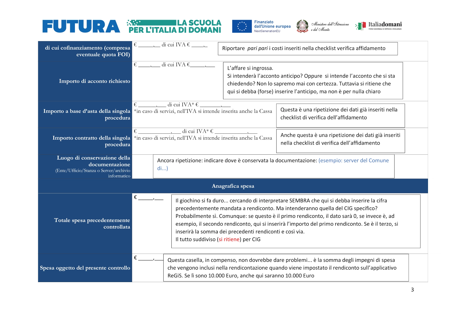 checklist rendicontazione regis pagina 1 esempio