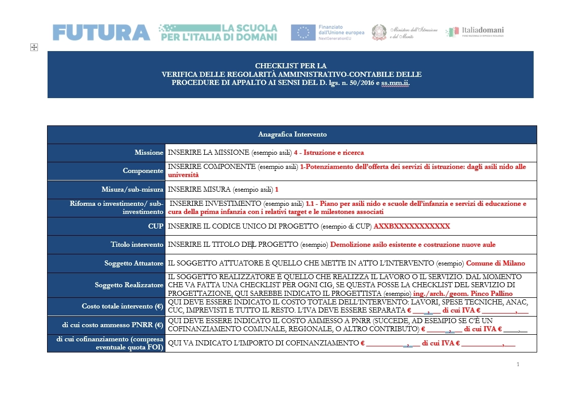 checklist verifica affidamento esempio